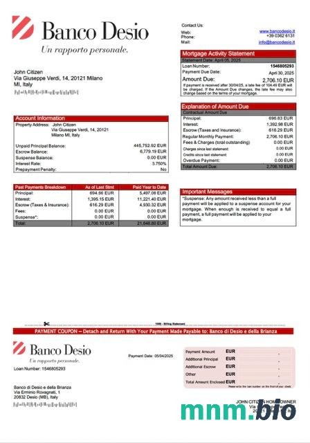 Włochy Banco di Desio e della Brianza wyciąg z kredytu hipotecznego szablon Word i PDF